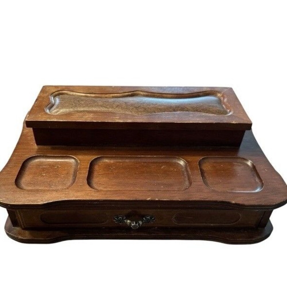 Vintage Wood Leather Men's 12"x7"x4" Valet Jewelry Box Organizer London Leather